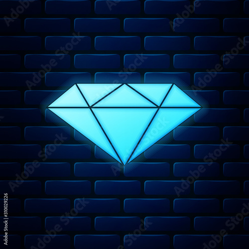 Glowing neon Diamond icon isolated on brick wall background. Jewelry symbol. Gem stone. Vector Illustration