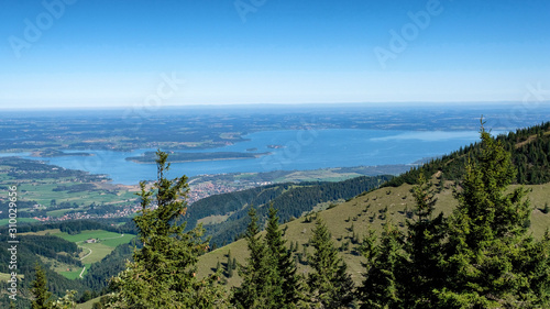 View from the mountains to Lake Chiemsee. Aschau im Chiemgau, Bavaria, Germany