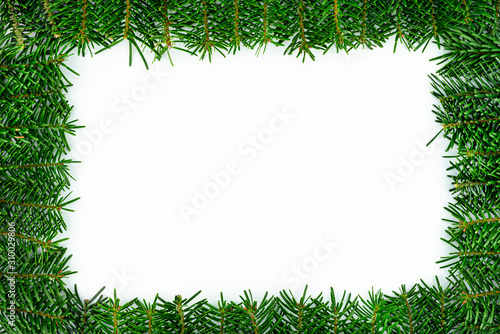A frame made of fir branches, isolated on a white background.