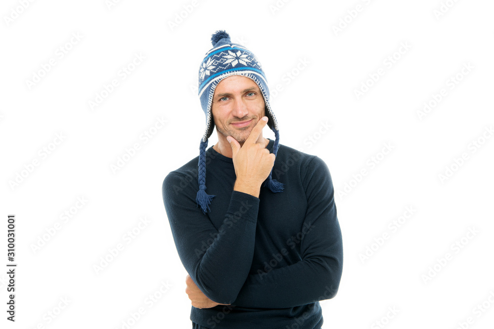 he is so charismatic. happy man ready for winter season. christmas and new year vacation. handsome man smiling in winter hat. mature man isolated on white. knitted fashion accessory for men he is so charismatic. happy man ready for winter season. christmas and new year vacation. handsome man smiling in winter hat. mature man isolated on white. knitted fashion accessory for men