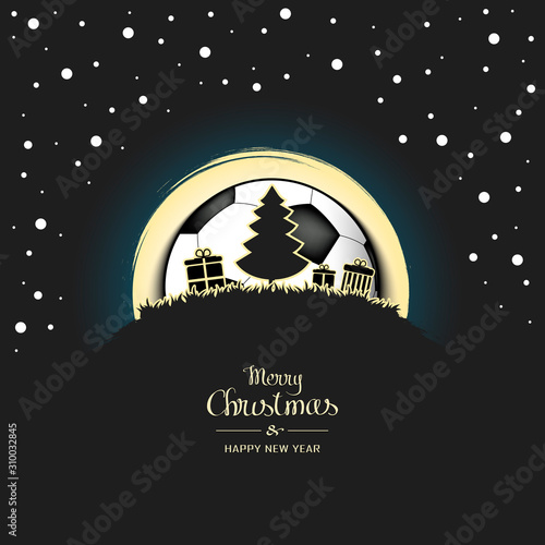 Christmas tree with boxes of gifts on a background of the soccer ball and snow
