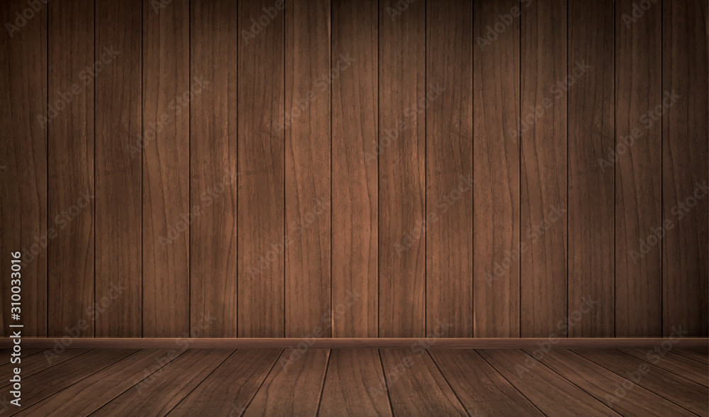 Empty wooden room. Vector realistic interior with floor and wall of natural dark wooden boards. Vintage design of house or studio indoor - obrazy, fototapety, plakaty 