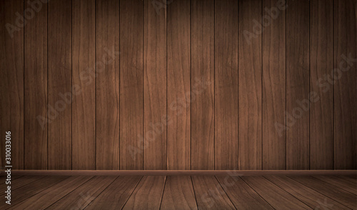 Empty wooden room. Vector realistic interior with floor and wall of natural dark wooden boards. Vintage design of house or studio indoor