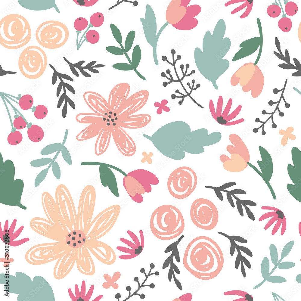 Cute floral ditsy vector seamless pattern. Fabric design with simple flowers and leaves in gentel pink colors. Trendy repeated pattern for fabric, wallpaper and wrap paper