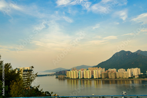 a high angle shot on the summer sunset view over inland waters in hong kong china © Jingye