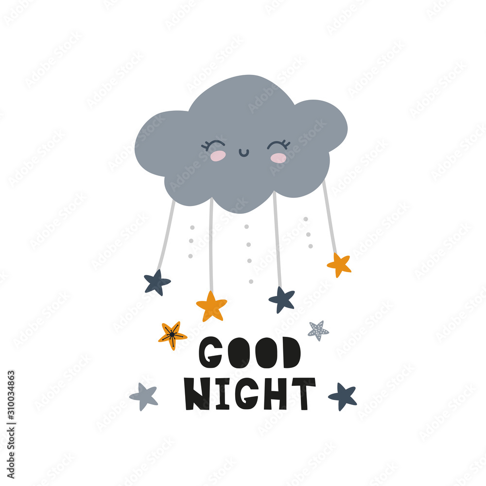 Good night vector print, cloud with stars nursery design, vector illustration Good night vector print, cloud with stars nursery design, vector illustration