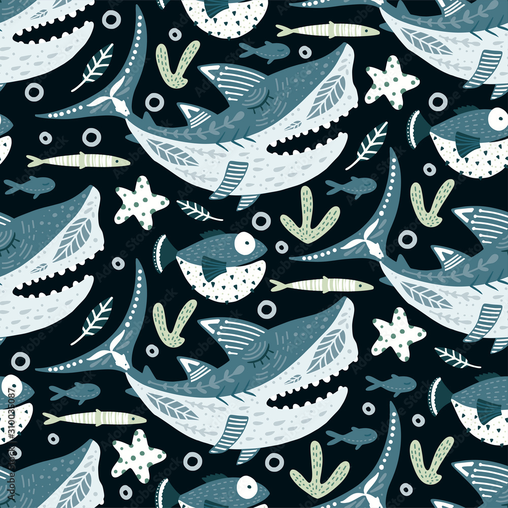 Seamless vector pattern with cute cartoon funny shark fish in a flat style. Vintage kid underwater fabric graphic illustration. Baby shark Doo Doo Doo. Seamless vector pattern with cute cartoon funny shark fish in a flat style. Vintage kid underwater fabric graphic illustration. Baby shark Doo Doo Doo.