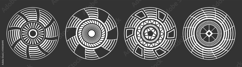 Set of four abstract circular ornaments. Decorative patterns isolated on black background. - obrazy, fototapety, plakaty 