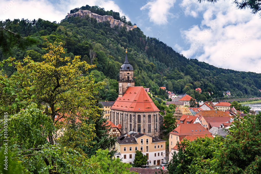 Scenic view of Koenigstein town and castle, Saxon Switzerland, Germany