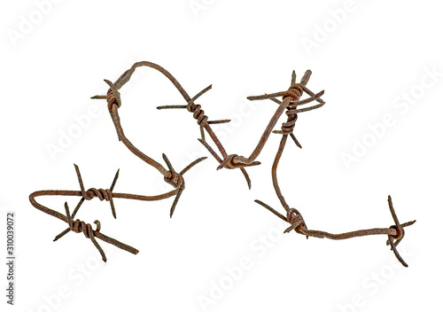 Rusty barbed wire over white background