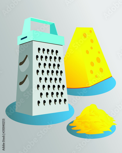 Vector kitchen grater or shredder, with a large piece of cheese and some grated cheese.