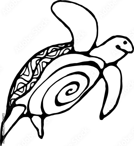 Illustration of a wise tortoise. Swimming turtle in motion with ornament.
