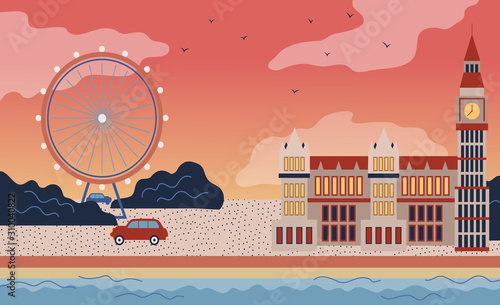 Panorama travel postcard and poster of London, England famous landmarks. Love and honeymoon trip concept. Flat style. Vector illustration