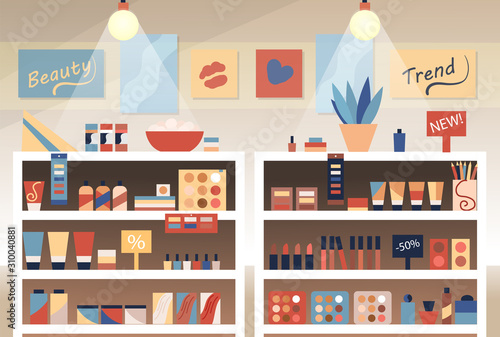 Cosmetics store interior with products on the shelves, shopping, beauty shop, cosmetic products, health and beauty. Flat style. Vector illustration