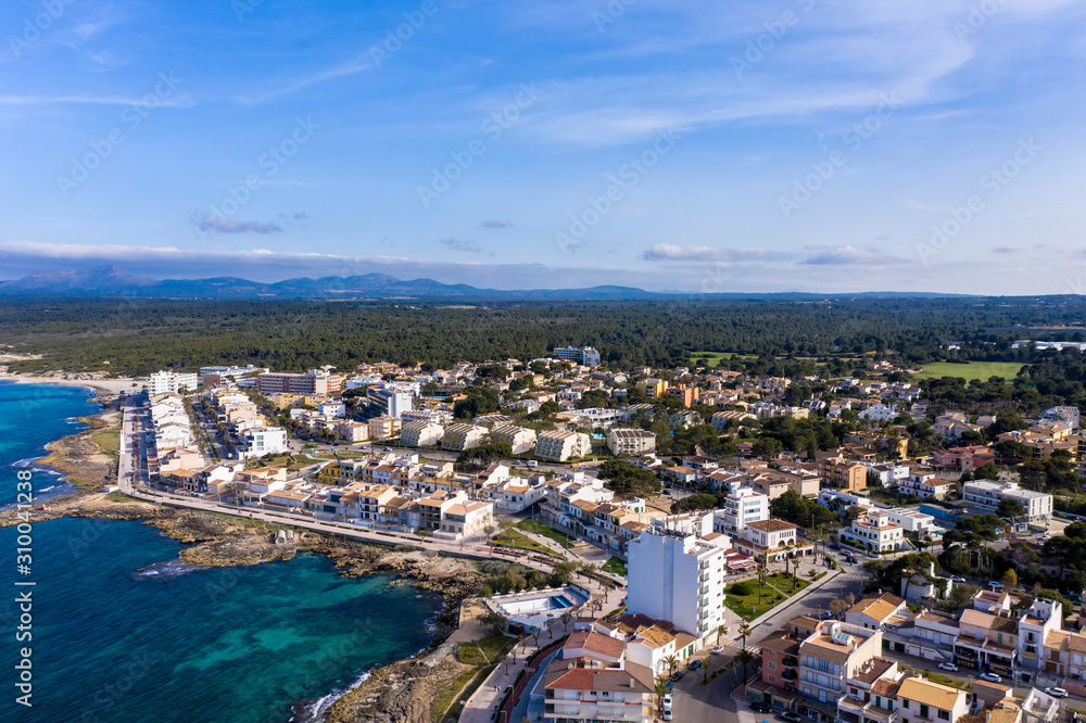 Spain, Mallorca, Aerial view of Can?Picafort?resort in summer Spain, Mallorca, Aerial view of Can?Picafort?resort in summer