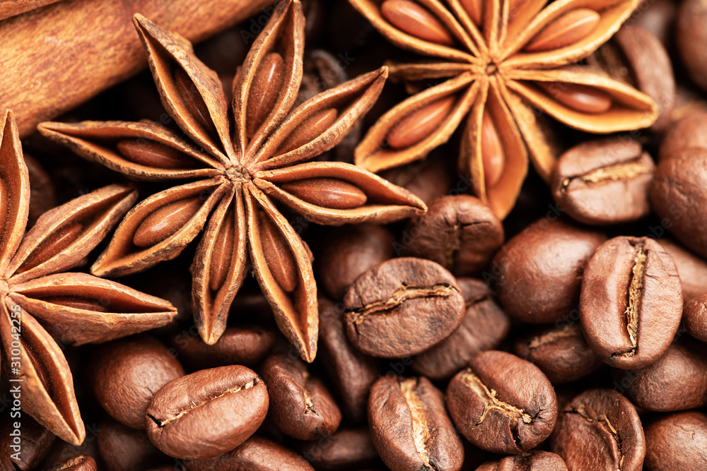 Cinnamon and star anise on the background of coffee beans Cinnamon and star anise on the background of coffee beans