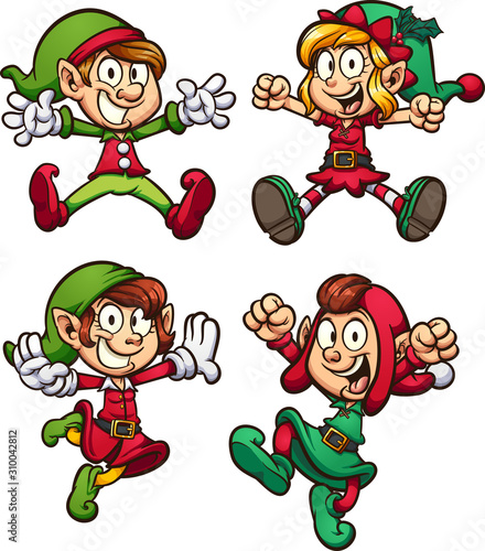 Christmas Elves jumping, set of four clip art . Vector illustration with simple gradients. Each on a separate layer.