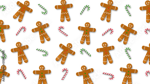 Background with gingerbread man and candy canes. Vector realistic illustration 