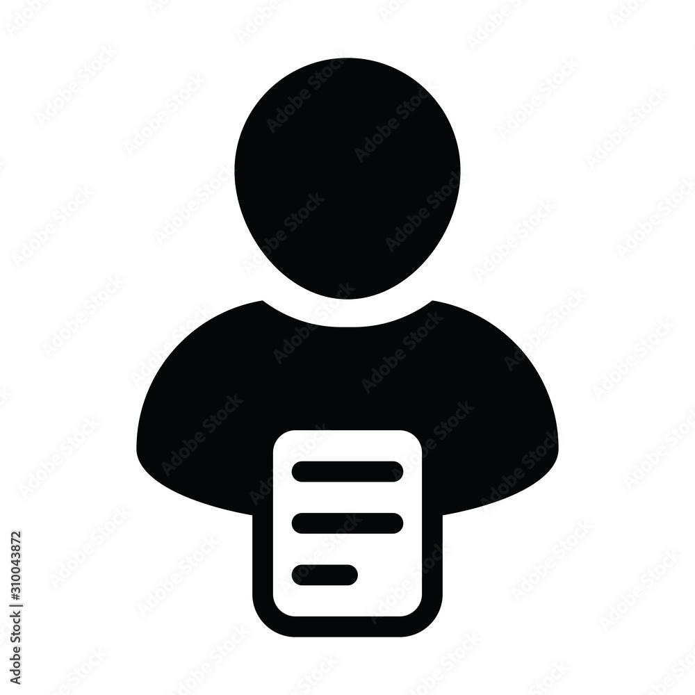 Handbook icon vector male person profile avatar with document symbol for business in a glyph pictogram illustration Handbook icon vector male person profile avatar with document symbol for business in a glyph pictogram illustration