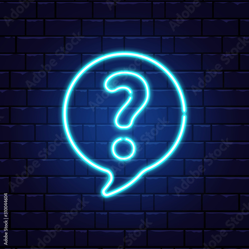 Neon question mark in speech bubble. Glowing blue question sign. Color neon banner on brick wall. Realistic bright night signboard. Shining neon effect. Vector illustration