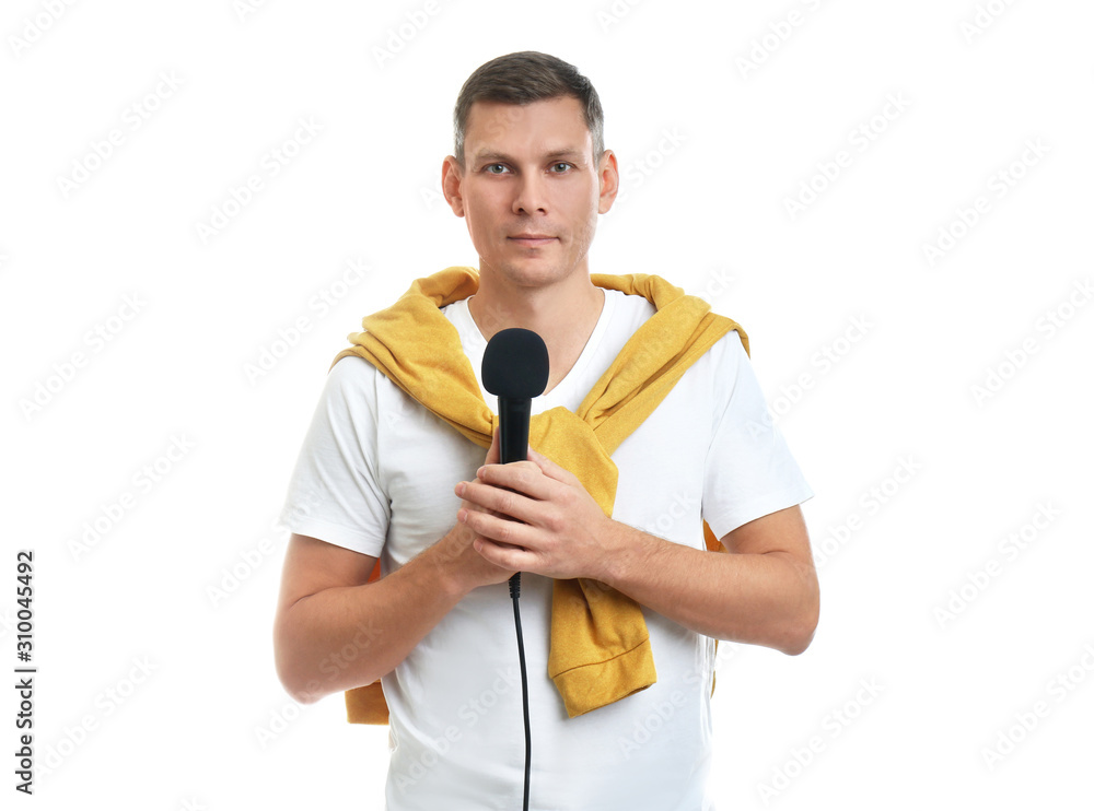 Male journalist with microphone on white background Male journalist with microphone on white background