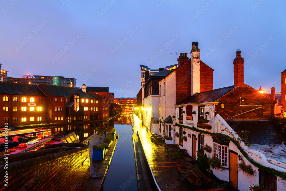 Embankments during the rain in the evening at famous Birmingham canal in UK
