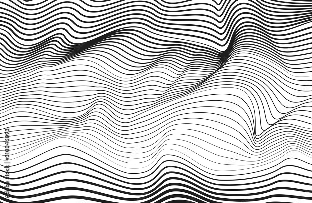 Abstract monochrome line art design. Black squiggle curves, white background. Vector tech striped pattern. Radio, sound waves concept. Modern optical illusion. Textured surface. EPS10 illustration