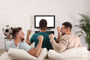 Group of friends watching football at home, back view