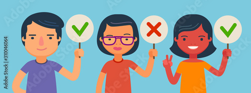People hold up scorecards. Competition, quiz vector illustration