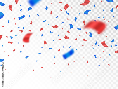 Red and blue confetti isolated on transparent background. Anniversary decoration elements. Falling color confetti. Realistic defocused serpentine. Vector illustration