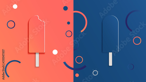 Abstract background with two ice creams. On one side is ice cream in trendy coral color, and on the other side in classic blue