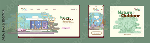 Flat vector illustration - in the evening, a couple sitting under the floor lamp in the house, outside the window of nature and trees. Mockup of the web page, mobile phone screen template, poster