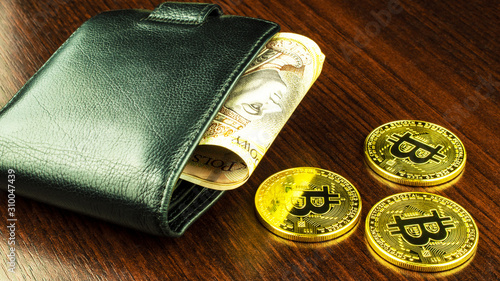 Bitcoin in a black wallet.