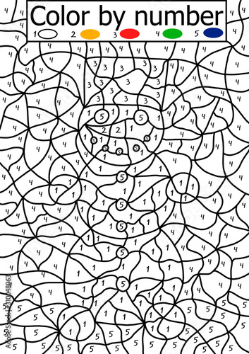 Color by number printable paper for kids. Smiling snowman coloring page for fun. Black and white kids puzzle for winter holidays. One of a series. 
