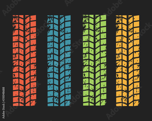 Collection textures of vector tire tracks with separate grunge texture, tire marks, tire tread, tread marks silhouette, pattern for machine and vehicle