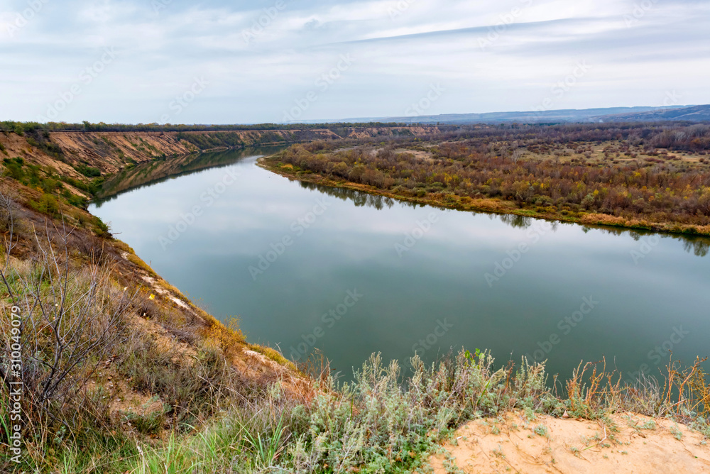 Landscape view of steppe and calm river Don in Russia in autumn