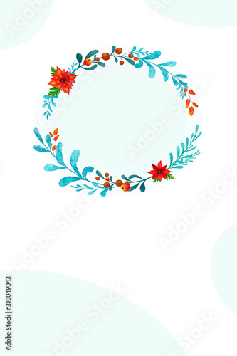 Merry Christmas and New Year background with watercolor plants frame.