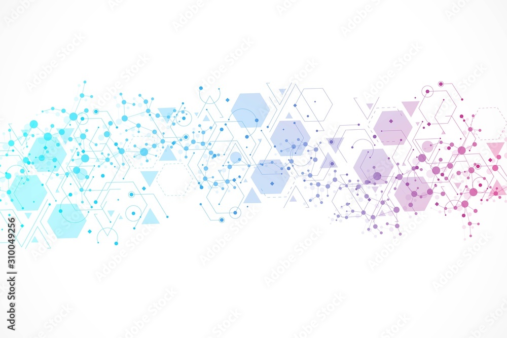 Science network pattern, connecting lines and dots. Technology hexagons structure or molecular connect elements.