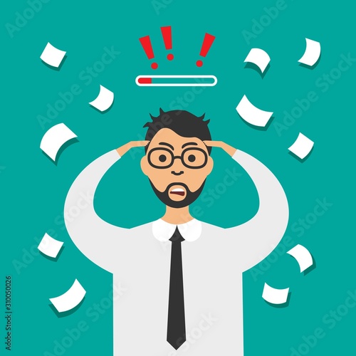 Stress at work. Vector stressed businessman with a headache. Tired man holds head having migraine. Worried man.