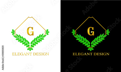 Design of magnificent ancient monogram. Decorative ornament on dark and light background with letter G. Gold and black pattern of brand, business sign, restaurant, boutique, hotel, emblem, jewelry.