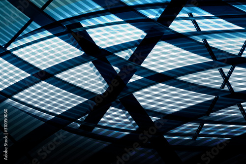 Collage photo grid structures of roof and ceiling. Modern architecture with hi-tech transparent glass panels. Contrast abstract geometric background with curve pattern in shades of sky blue color.
