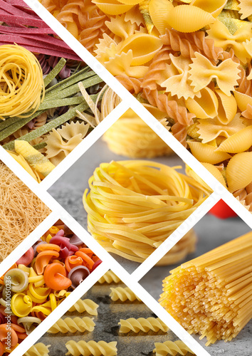 Different types of uncooked pasta. Photo collage