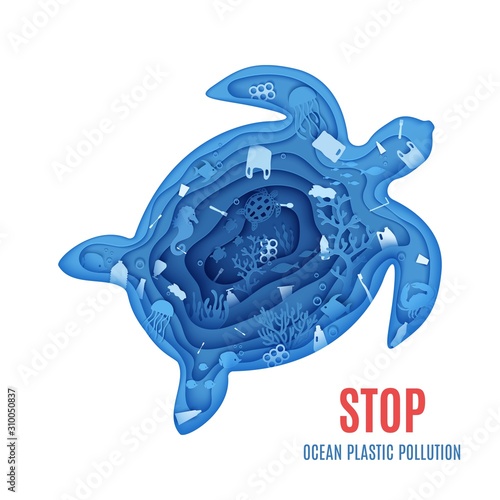 Silhouette of a turtle cut out of paper and ocean pollution banner. Craft underwater ocean deep cave with plastic rubbish. Papercut marine cartoon animals. Vector World Ocean Day environment concept
