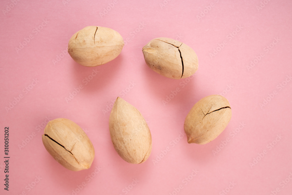 Fototapeta premium Close up of inshell pecan. Nuts mix on pink color background. Food for man's and women health. Raw foods for vegetarians and vegans. ..