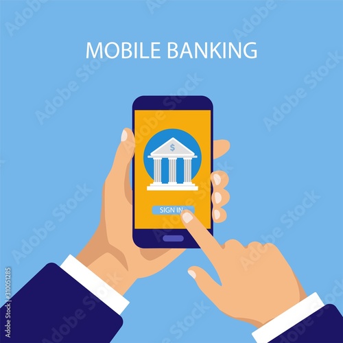 Mobile banking concept. Money transaction, business and mobile payment. Businessman holds a phone and signs in app. Vector illustration in a flat trendy style.