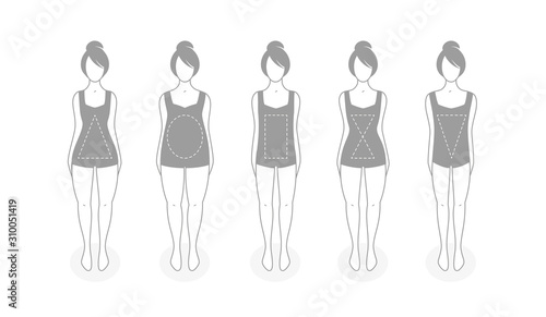 Women types of figures vector illustration. Icons. Human body shapes. Female figures types set. Simple line design. flat style isolated on white background. Female body shape types. badges. 