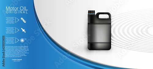 Bottle engine oil Canister of engine motor oil, full synthetic clinging molecules protection. Vector illustration with realistic canister and motor oil splashes on bright background.