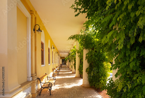 Slovakia, Piestany, Spa Piestany, Porch at Napoleon bath hotel Thermia Palace photo