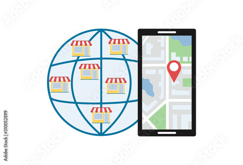 Franchise and SEO promotion concept. A city map on a smartphone screen with a geolocation point, a globe with icons of stores around the world, target business advertising. Flat vector illustration.