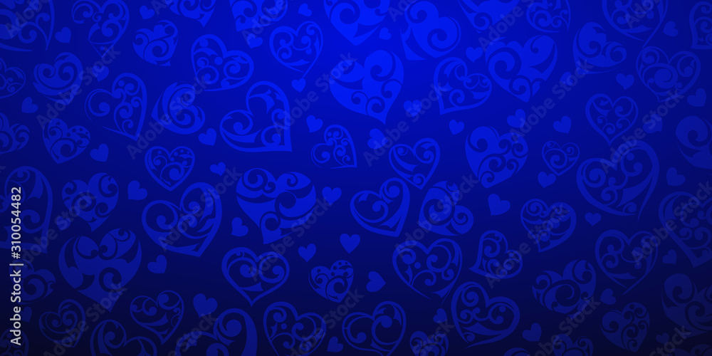 Background of big and small hearts with ornament of curls, in blue colors Background of big and small hearts with ornament of curls, in blue colors